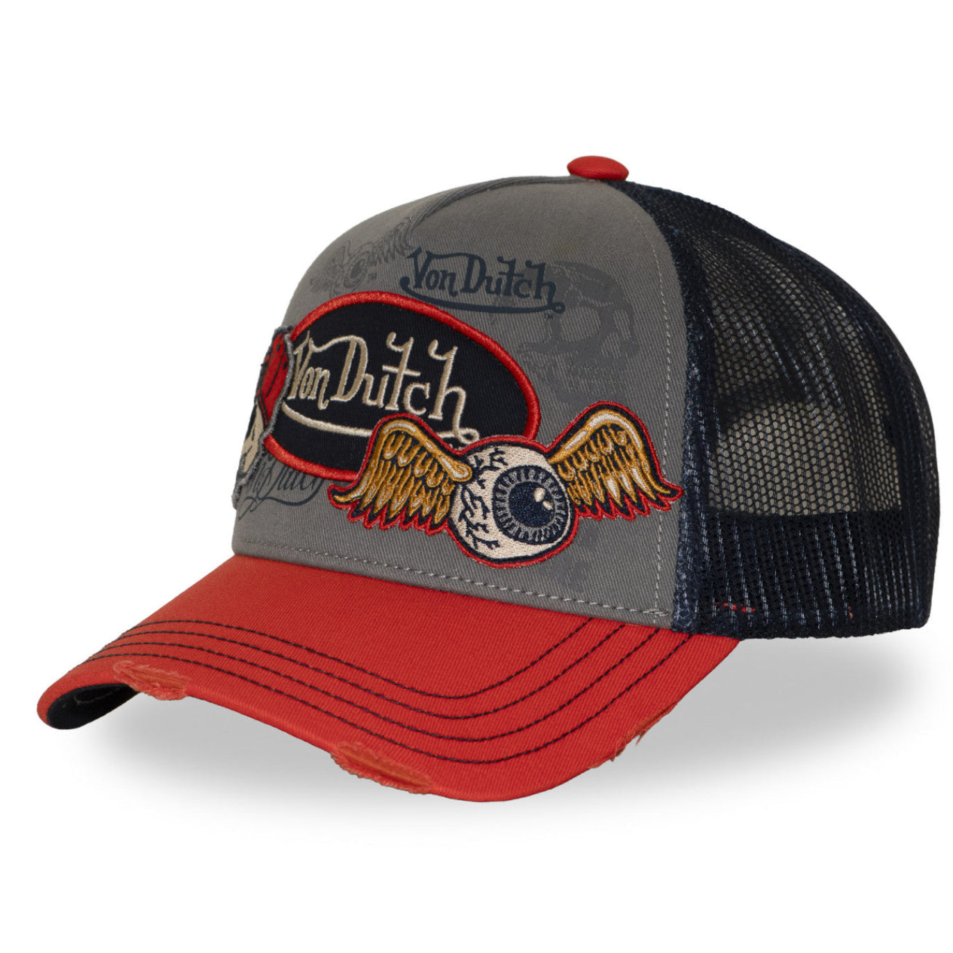 Von Dutch Patches18 Skull Distressed Bright Orange Grey Trucker