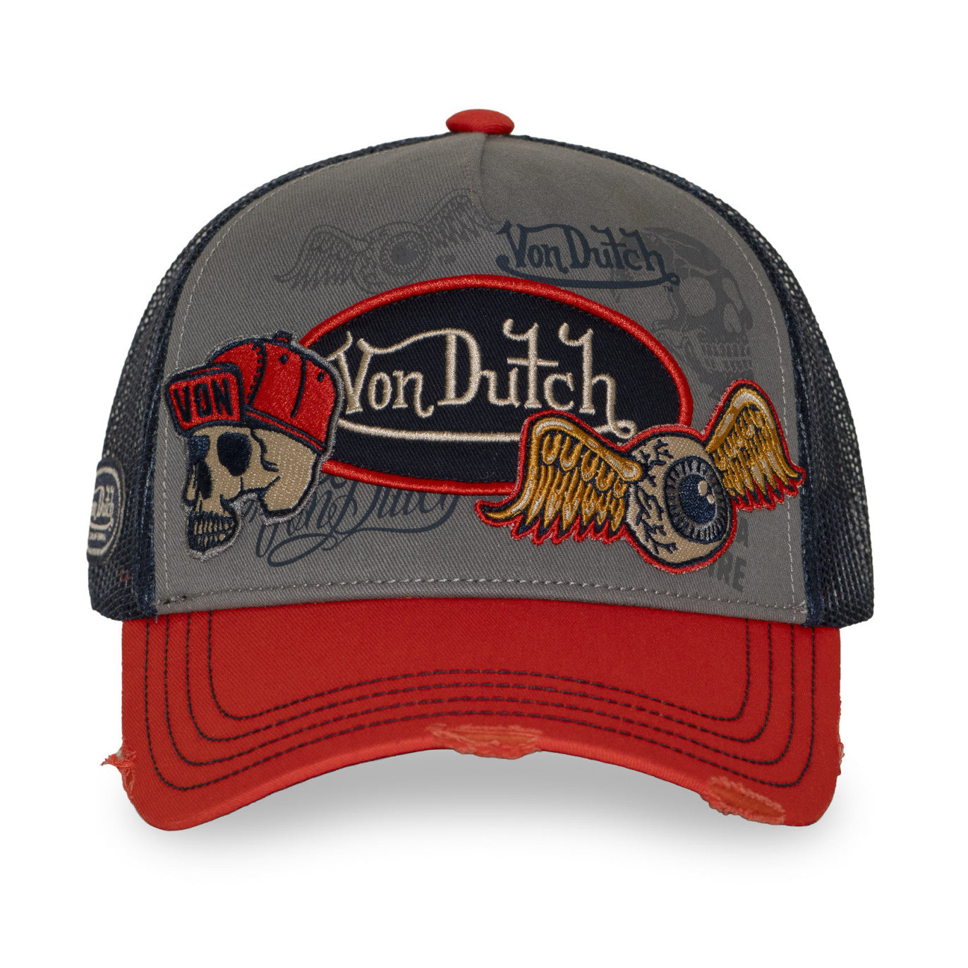 Von Dutch Patches18 Skull Distressed Bright Orange Grey Trucker