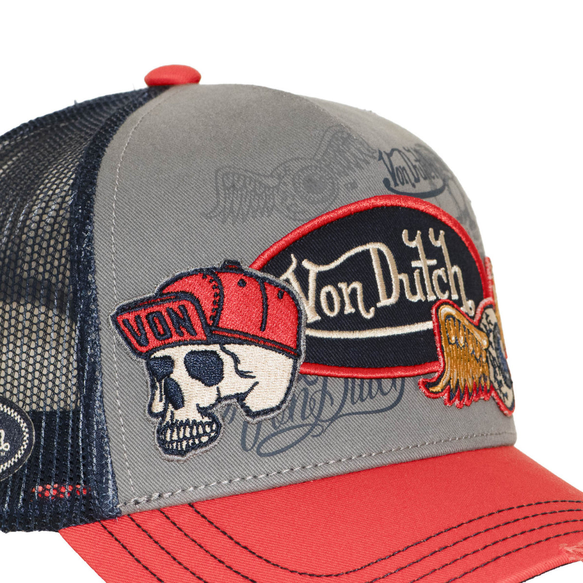 Von Dutch Patches18 Skull Distressed Bright Orange Grey Trucker