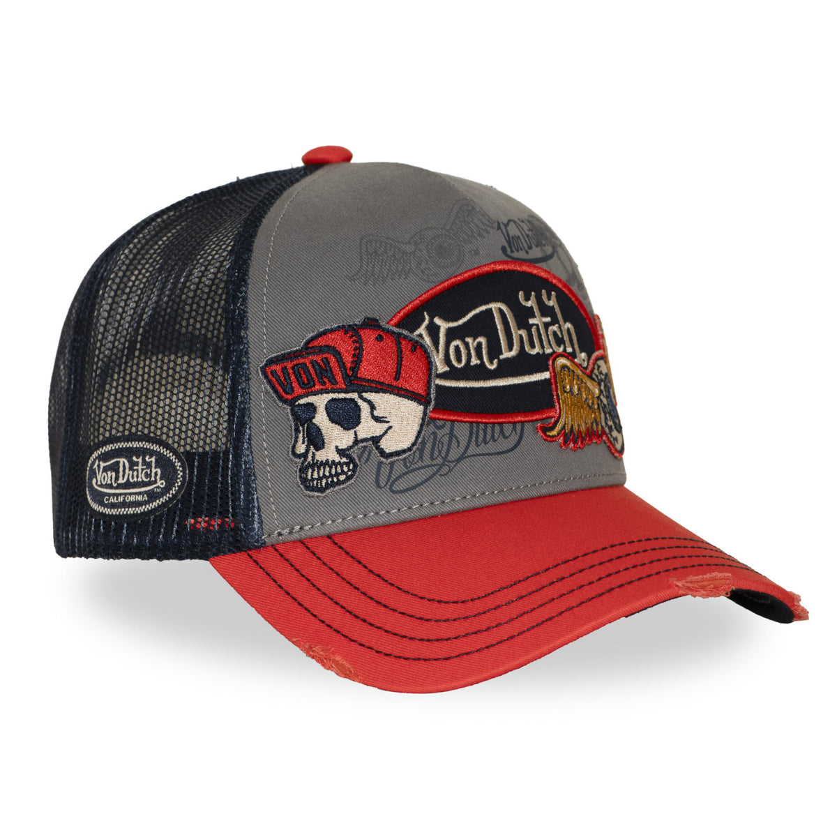Von Dutch Patches18 Skull Distressed Bright Orange Grey Trucker